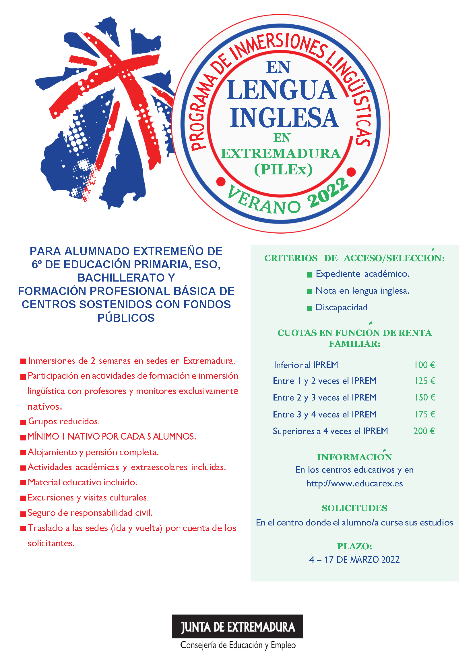Cartel difusión inmersiones linguisticas alumnado extremeño PILEx 2022